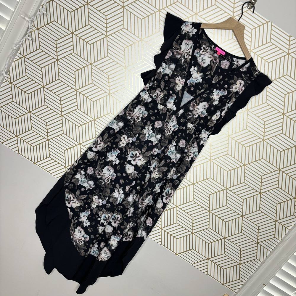 Betsey Johnson Black V Neck Cap Ruffle Sleeve Assymetric Dress‎ Roses Medium